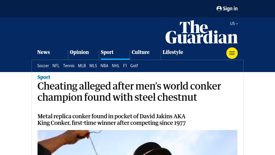 Screenshot of theguardian.com: World conker champion found with steel chestnut, cleared of cheating