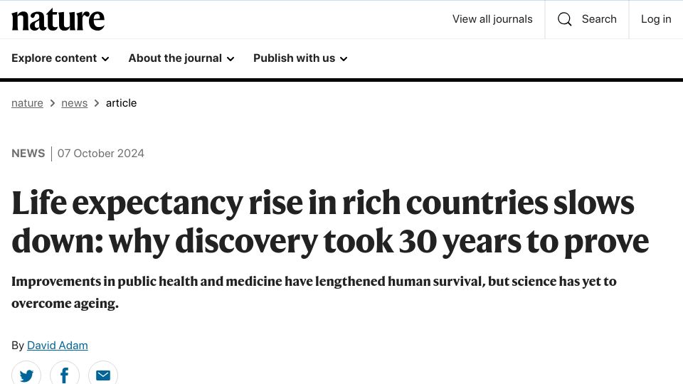 Screenshot of nature.com: Life expectancy rise in rich countries slows down: took 30 years to prove