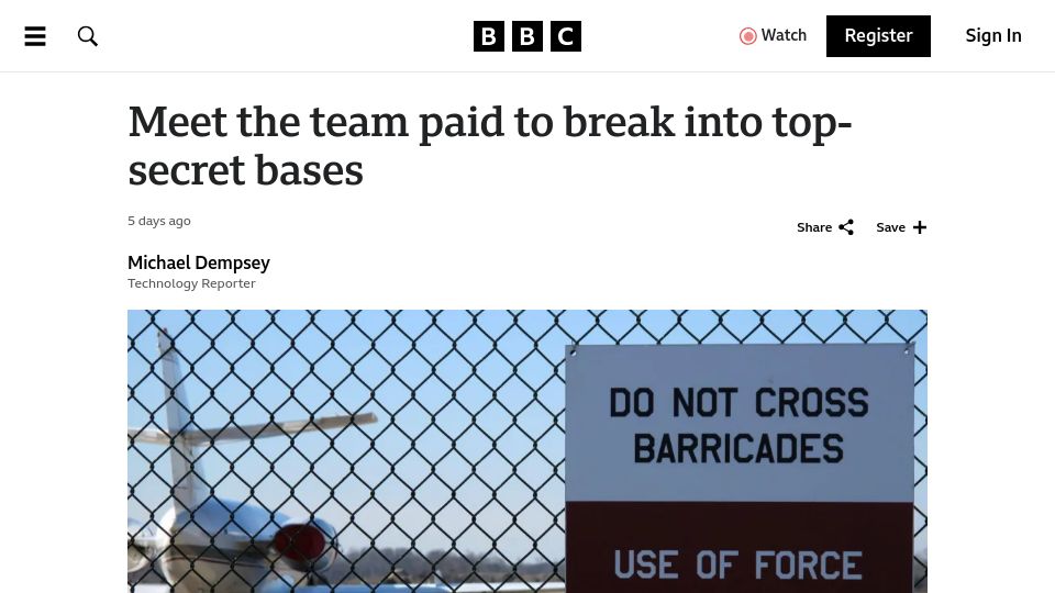 Screenshot of bbc.com: A team paid to break into top-secret bases
