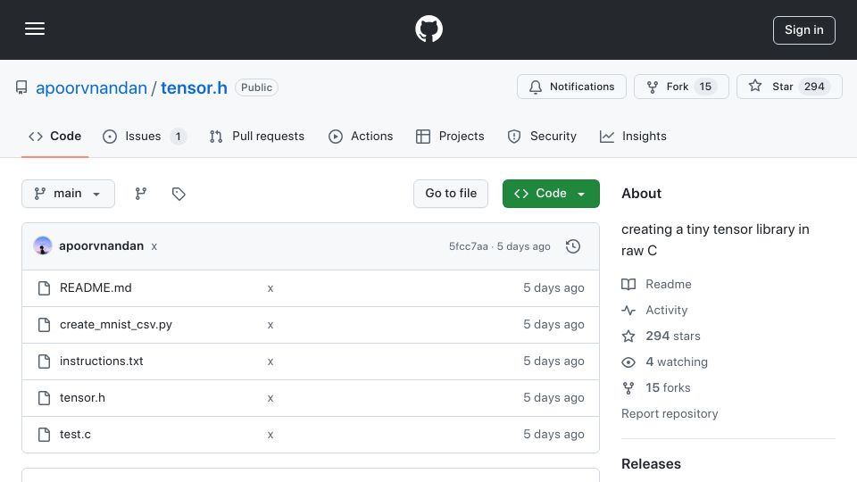 Screenshot of github.com: Creating a tiny tensor library in C