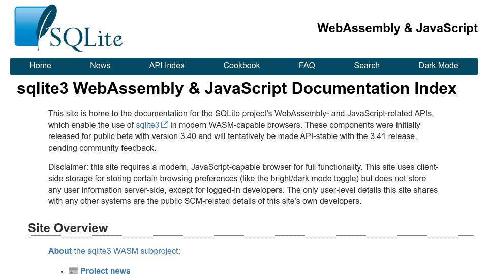 Screenshot of sqlite.org: Sqlite3 WebAssembly