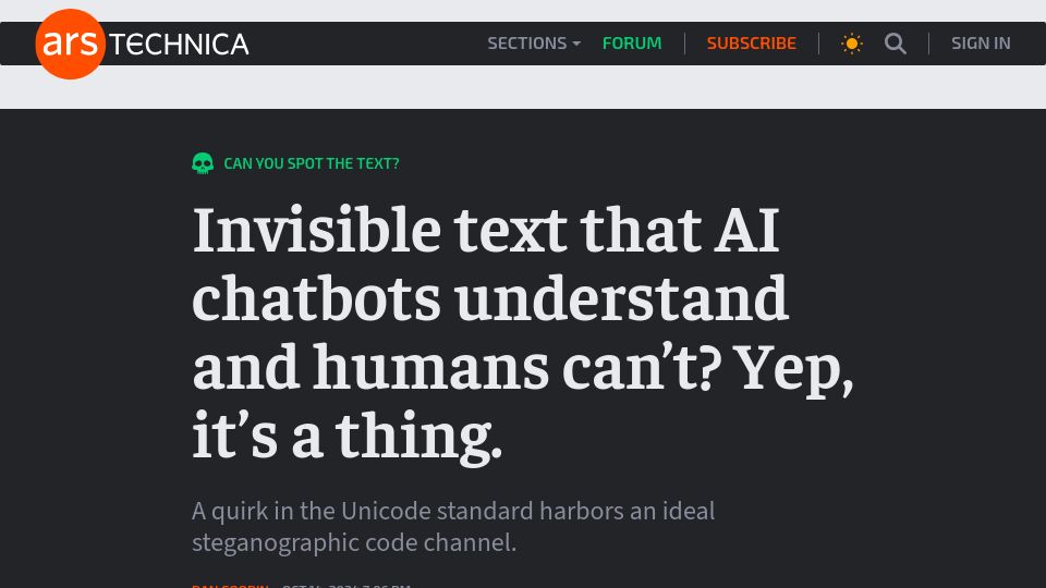 Screenshot of arstechnica.com: Invisible text that AI chatbots understand and humans can't?
