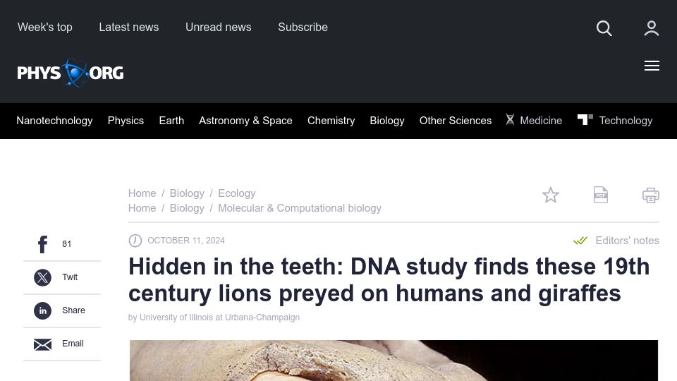 Screenshot of phys.org: 19th century lions preyed on humans and giraffes