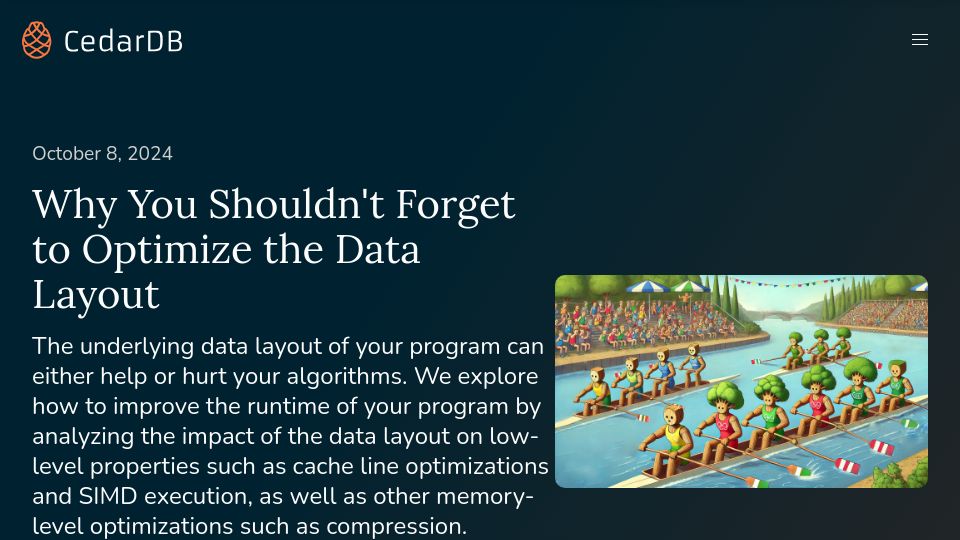 Screenshot of cedardb.com: Optimize the Data Layout