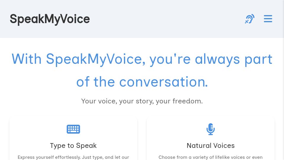 Screenshot of speakmyvoice.com: Show HN: SpeakMyVoice – App for people with vocal or speech difficulties