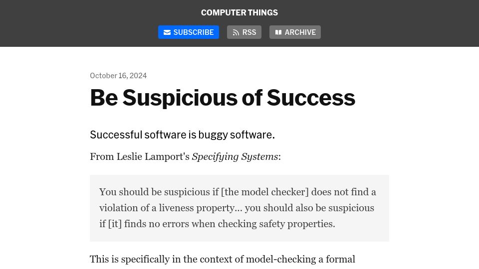 Screenshot of buttondown.com: It's not enough for a program to work – it has to work for the right reasons