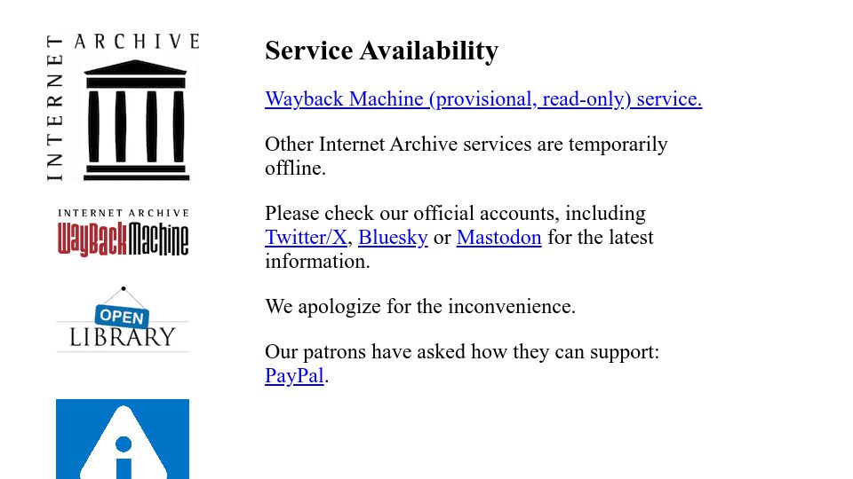 Screenshot of archive.org: Internet Archive Services are "temporarily offline"