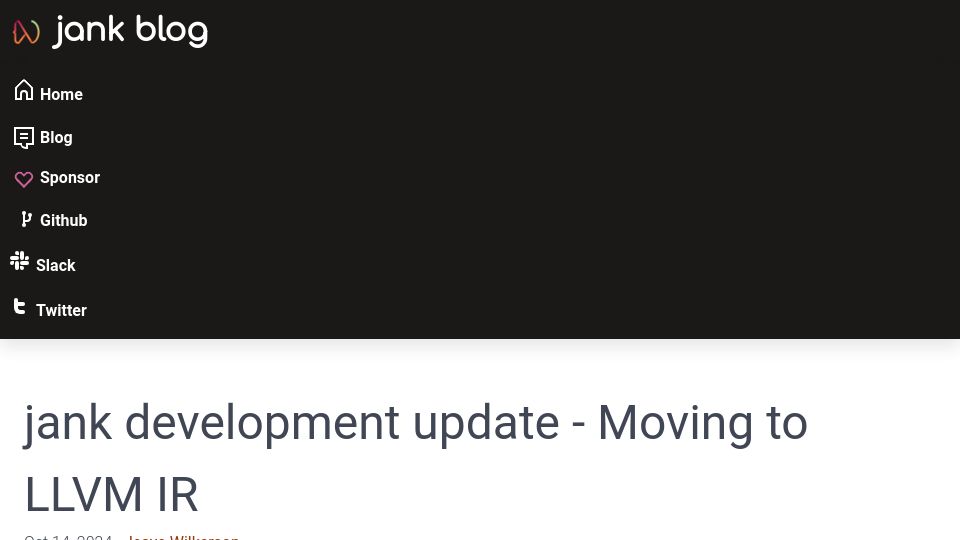 Screenshot of jank-lang.org: Jank development update – Moving to LLVM IR