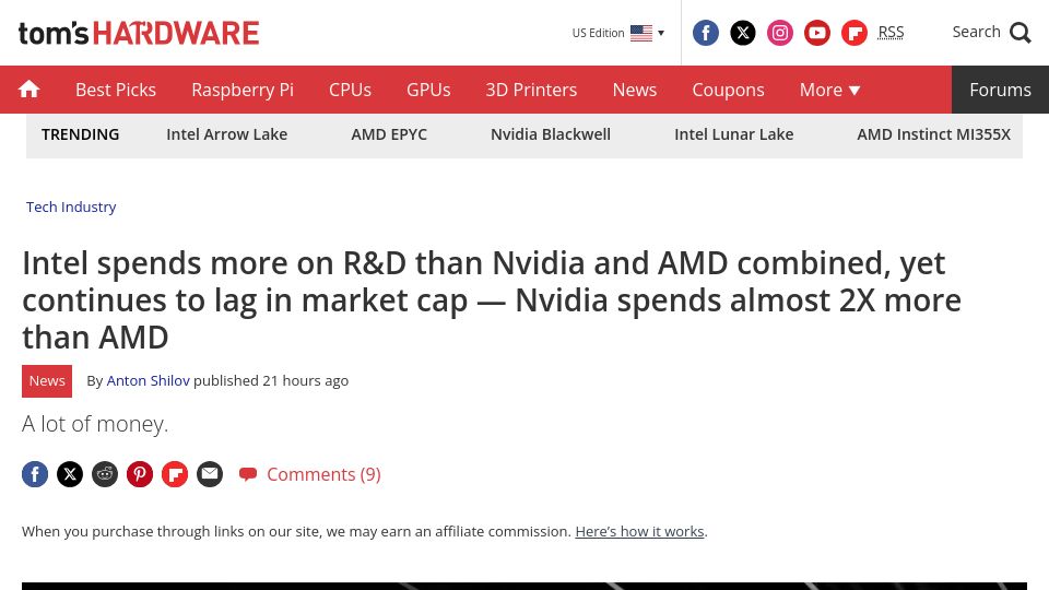 Screenshot of tomshardware.com: Intel spends more on R&D than Nvidia and AMD combined