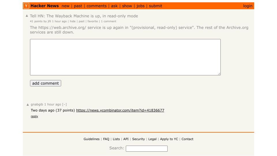 Screenshot of Hacker News post: Tell HN: The Wayback Machine is up, in read-only mode