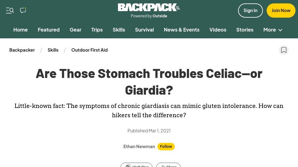 Screenshot of backpacker.com: Medical student's apparent celiac disease responded to giardiasis treatment