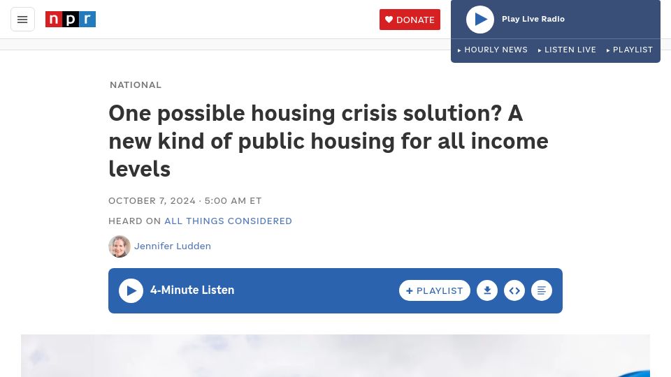 Screenshot of npr.org: One possible housing crisis solution? Public housing for all income levels