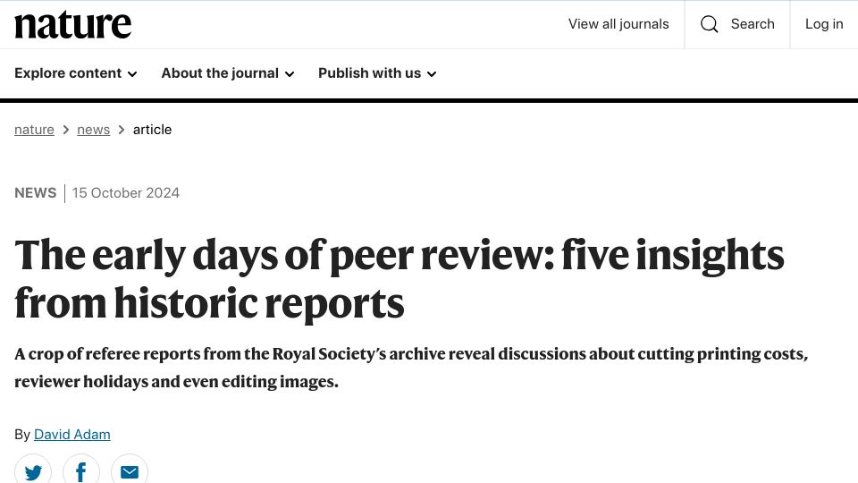 Screenshot of nature.com: The early days of peer review: five insights from historic reports