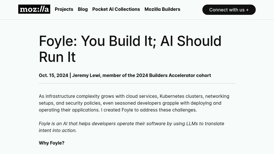 Screenshot of future.mozilla.org: Foyle: You build it, AI should run it