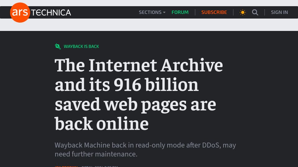 Screenshot of arstechnica.com: The Internet Archive is back online