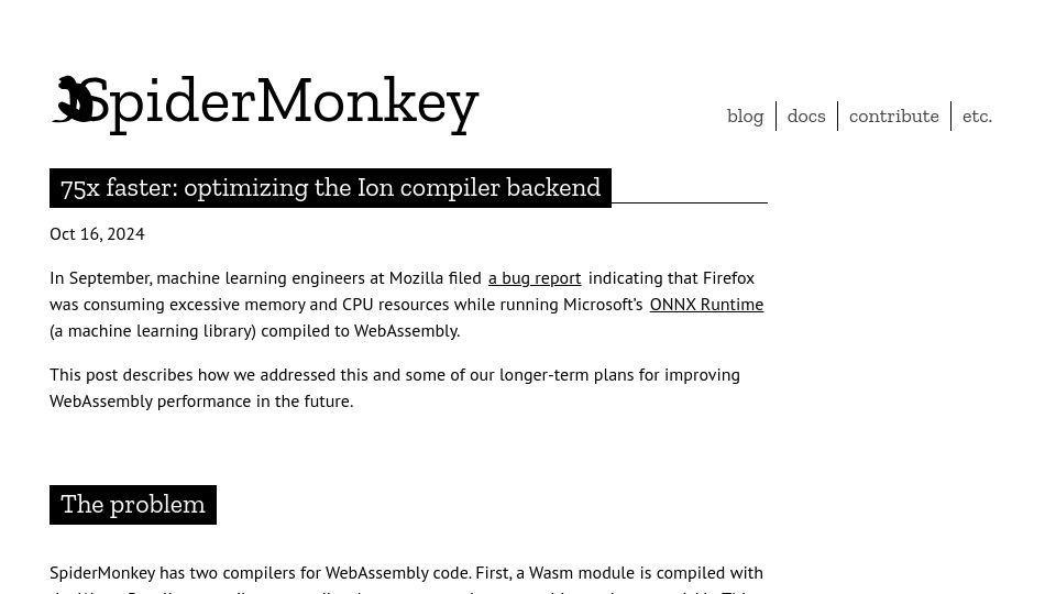 Screenshot of spidermonkey.dev: Optimizing the Ion compiler back end