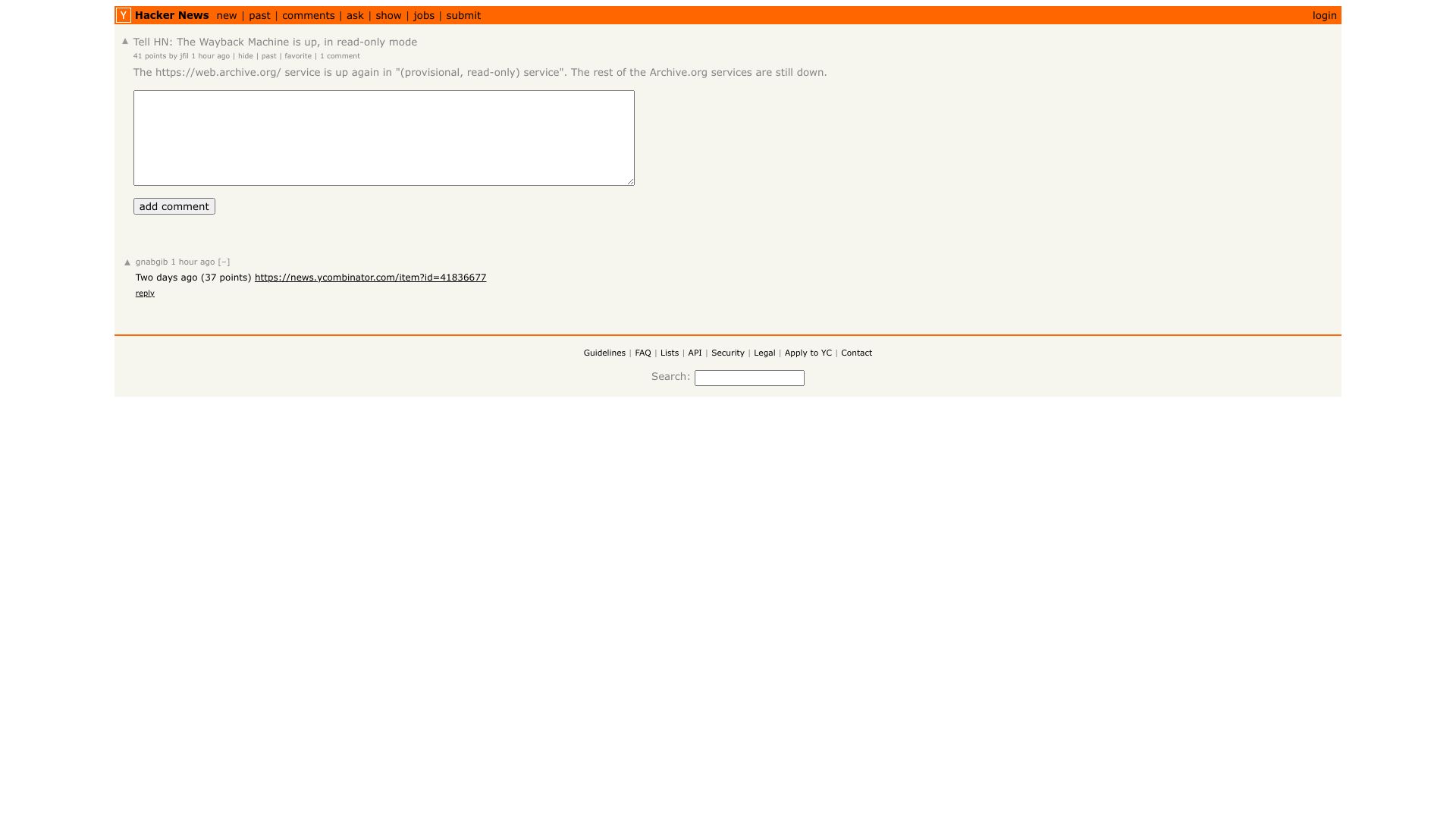 Screenshot of this Hacker News post: Tell HN: The Wayback Machine is up, in read-only mode