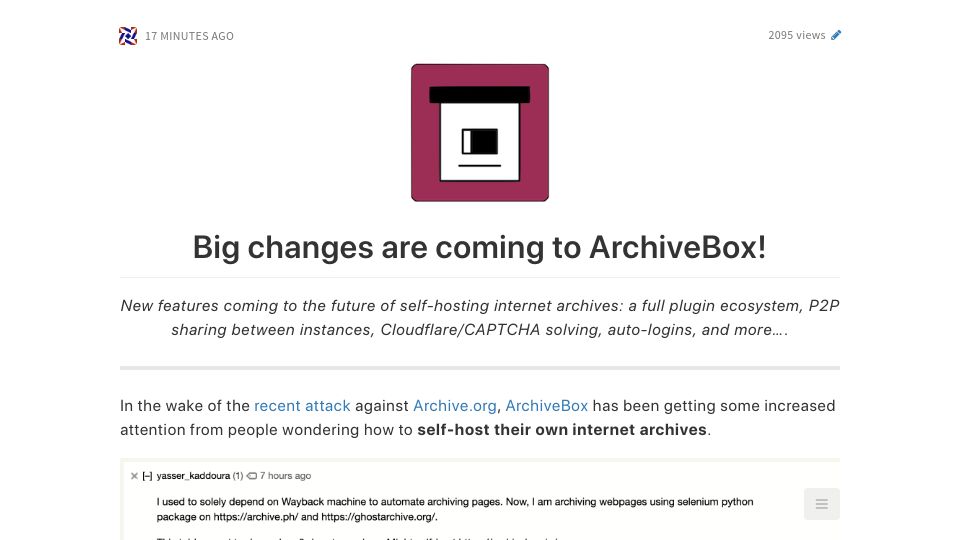 Screenshot of docs.sweeting.me: ArchiveBox is evolving: the future of self-hosted internet archives