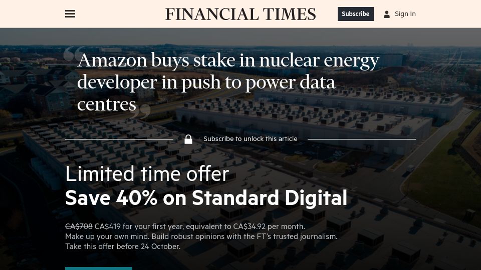 Screenshot of ft.com: Amazon buys stake in nuclear energy developer in push to power data centres