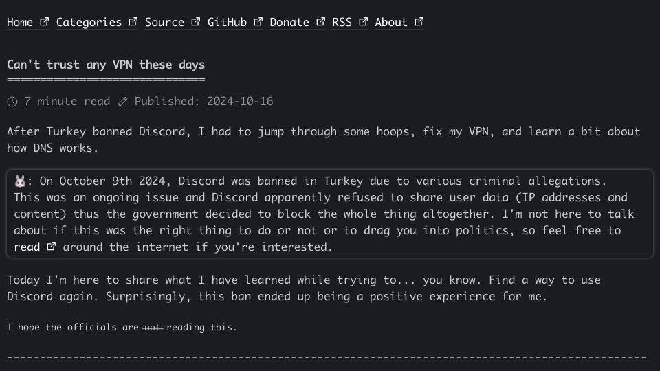 Screenshot of blog.orhun.dev: Can't trust any VPN these days