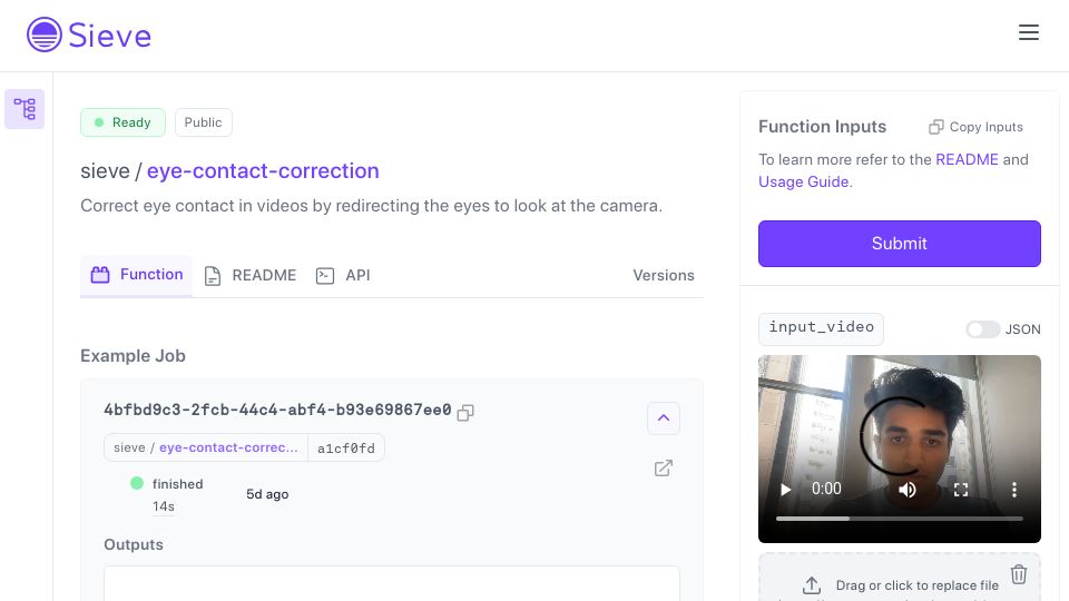 Screenshot of sievedata.com: Eye Contact Correction: Redirecting the eyes to look at the camera