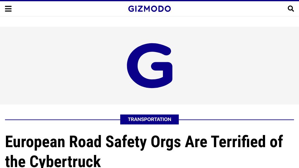 Screenshot of gizmodo.com: European Road Safety Orgs Are Terrified of the Cybertruck