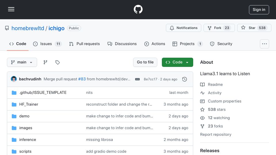 Screenshot of github.com: Ichigo: Local real-time voice AI