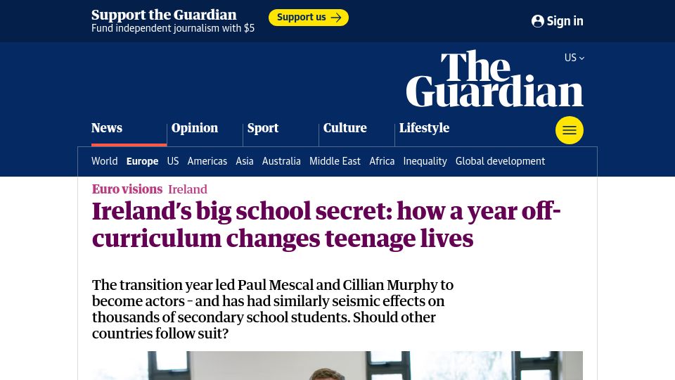 Screenshot of theguardian.com: Ireland's big school secret: how a year off-curriculum changes teenage lives