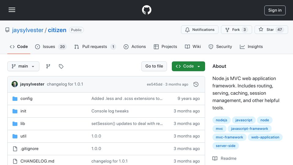 Screenshot of github.com: Show HN: Citizen – A Node.js web app framework for fans of classic app servers