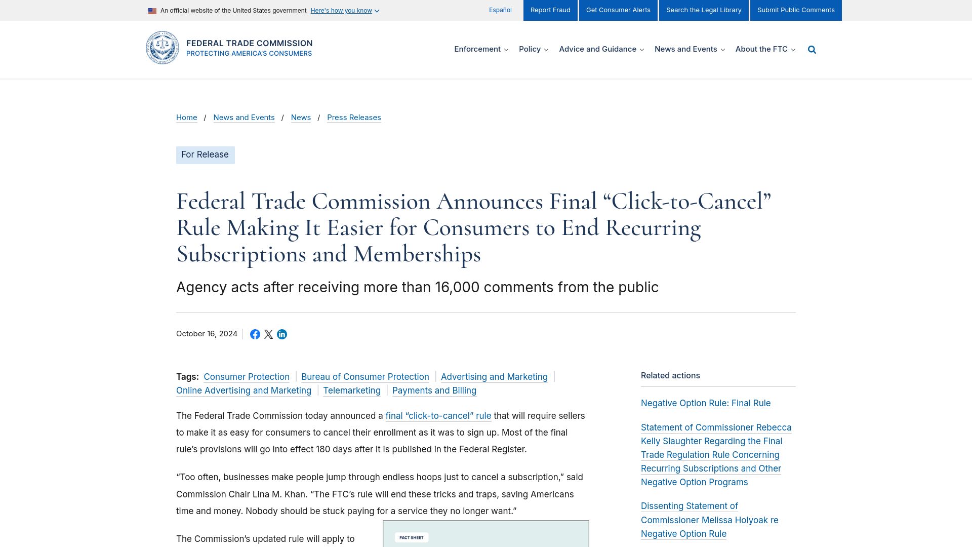 Screenshot of ftc.gov: FTC announces "click-to-cancel" rule making it easier to cancel subscriptions