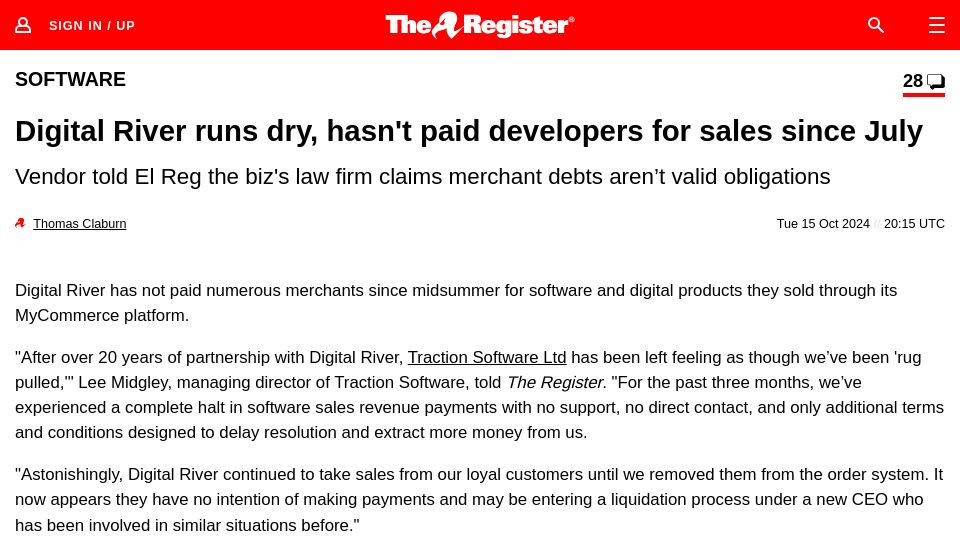 Screenshot of theregister.com: Digital River runs dry, hasn't paid developers for sales since July