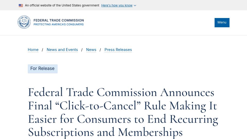 Screenshot of ftc.gov: FTC announces "click-to-cancel" rule making it easier to cancel subscriptions