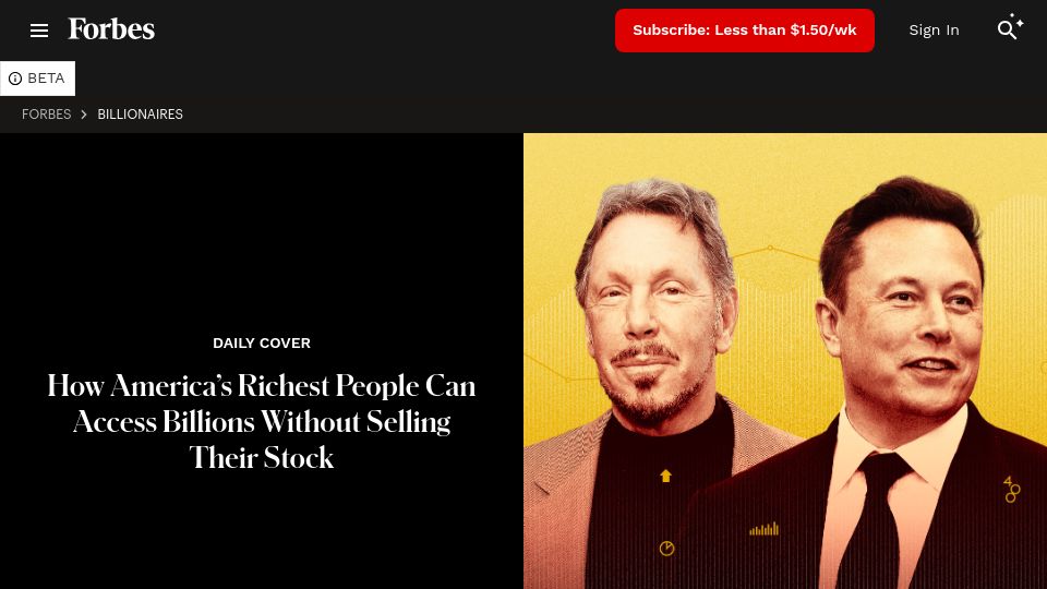 Screenshot of forbes.com: The richest people borrow against their stock (2021)