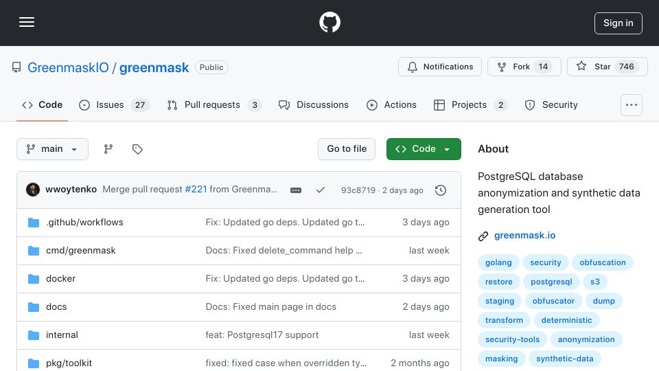 Screenshot of github.com: Show HN: Greenmask 0.2 – Database anonymization tool