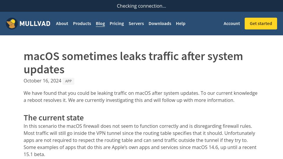Screenshot of mullvad.net: MacOS sometimes leaks traffic after system updates