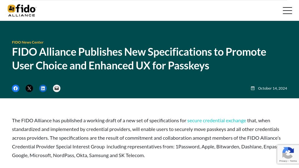 Screenshot of fidoalliance.org: FIDO Alliance publishes new spec to let users move passkeys across providers