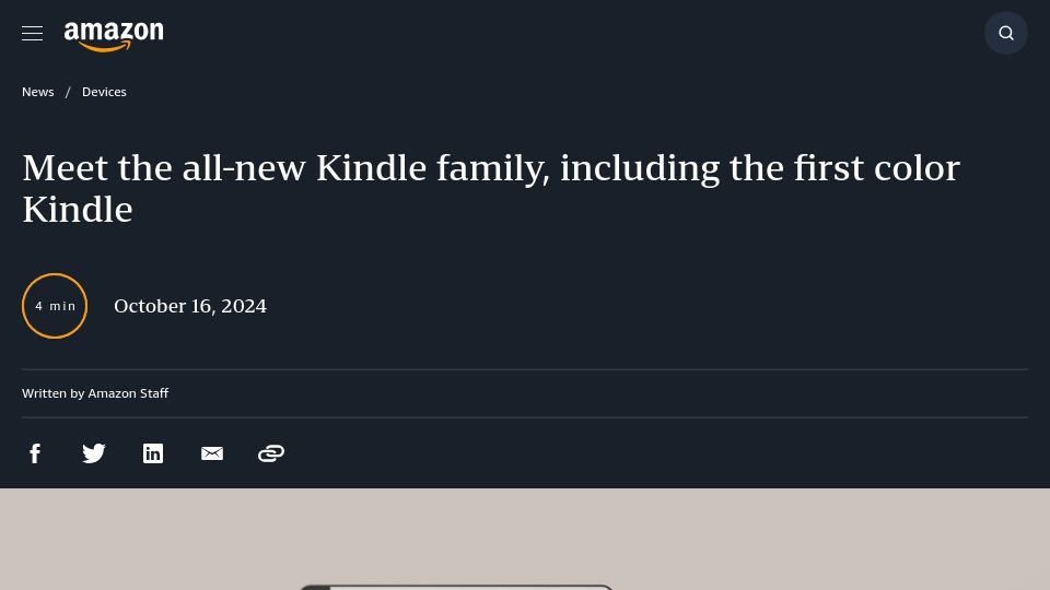 Screenshot of aboutamazon.com: Amazon reveals first color Kindle, new Kindle Scribe, and more