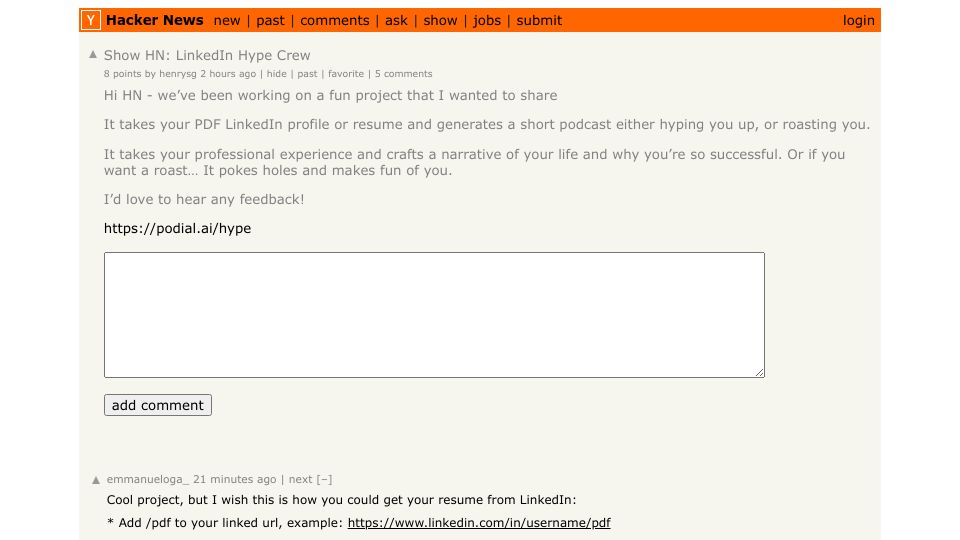 Screenshot of Hacker News post: Show HN: LinkedIn Hype Crew