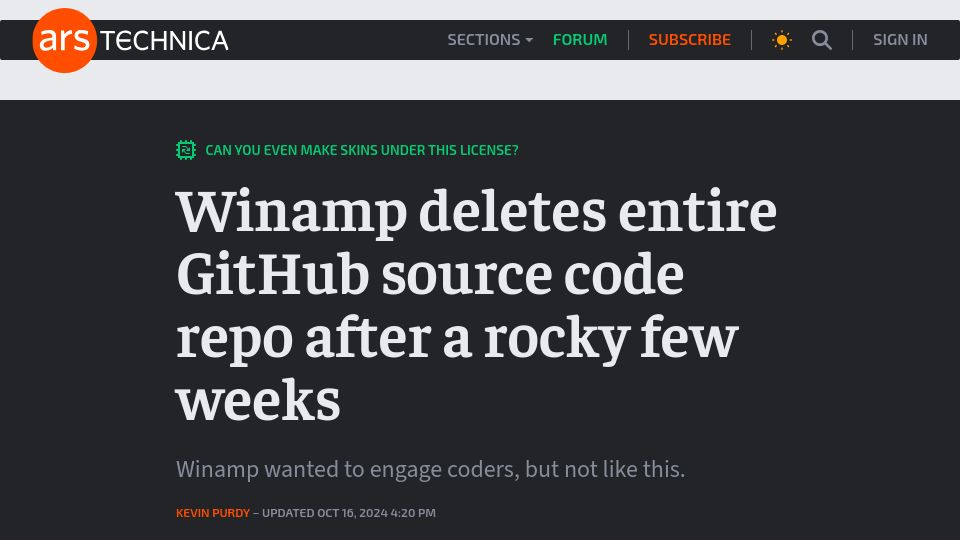 Screenshot of arstechnica.com: Winamp deletes entire GitHub source code repo after a rocky few weeks