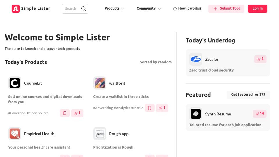 Screenshot of simplelister.com: Show HN: A fair Product Hunt alternative