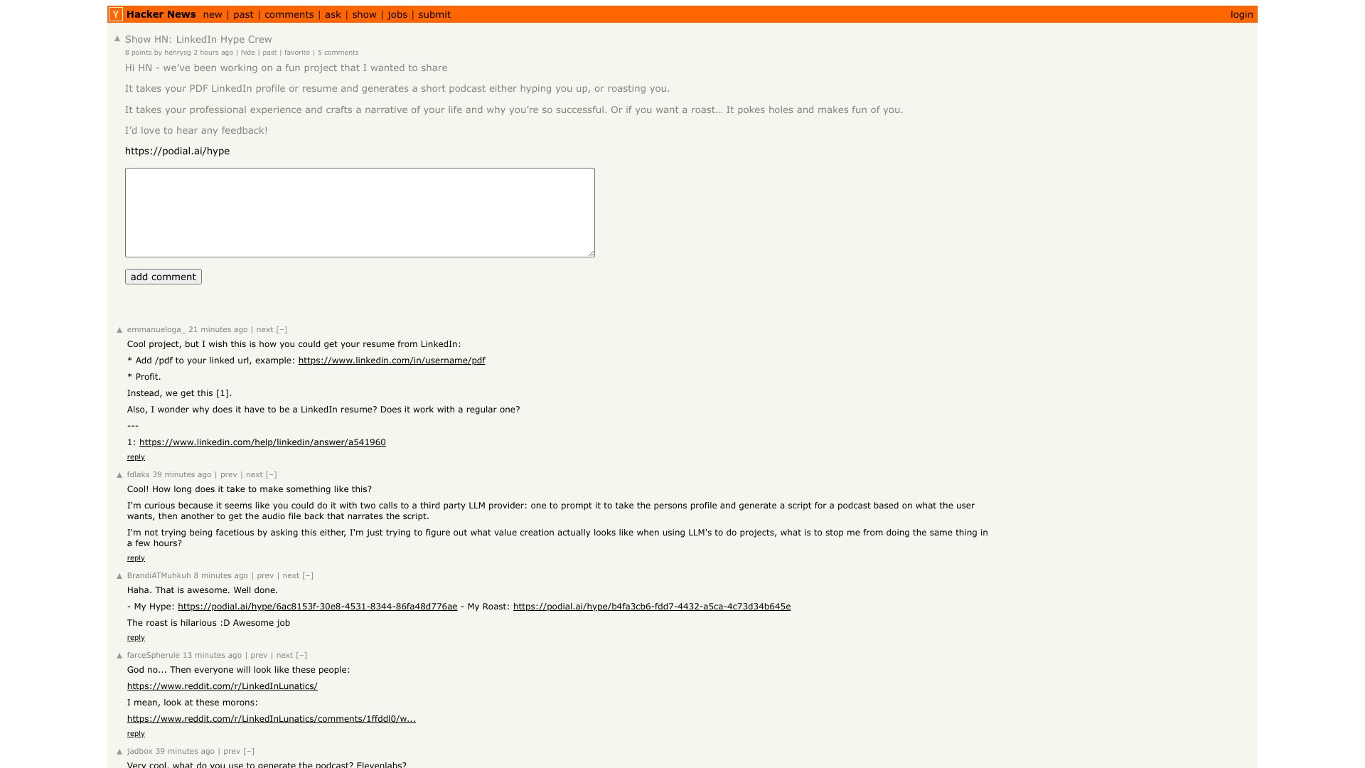 Screenshot of this Hacker News post: Show HN: LinkedIn Hype Crew