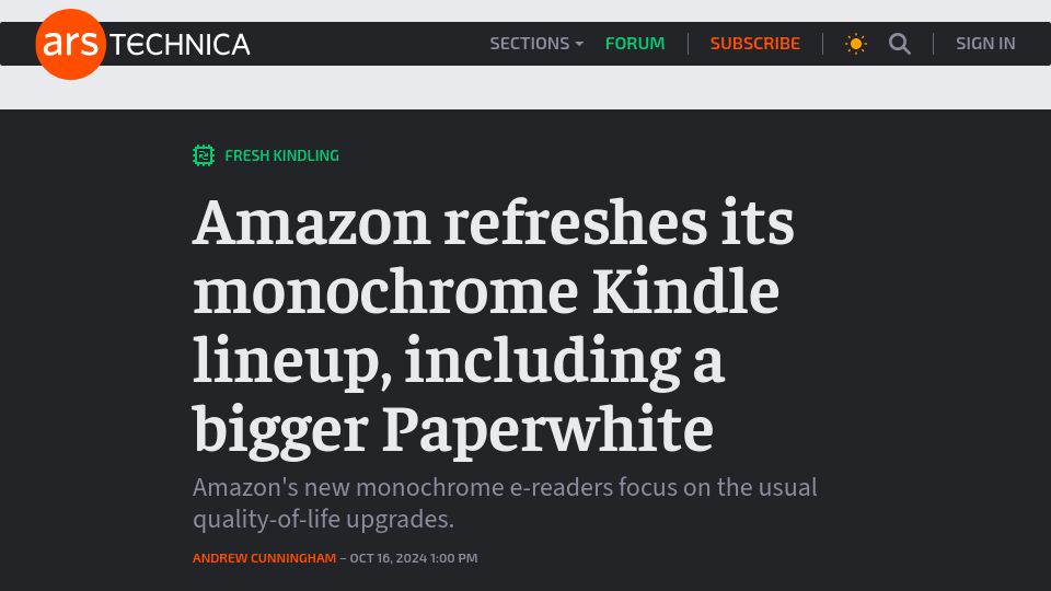 Screenshot of arstechnica.com: Amazon refreshes its monochrome Kindle lineup