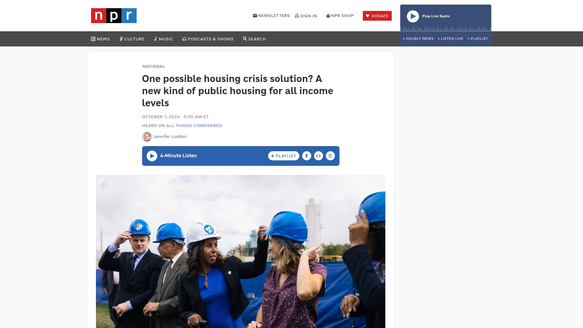 Screenshot of npr.org: One possible housing crisis solution? Public housing for all income levels