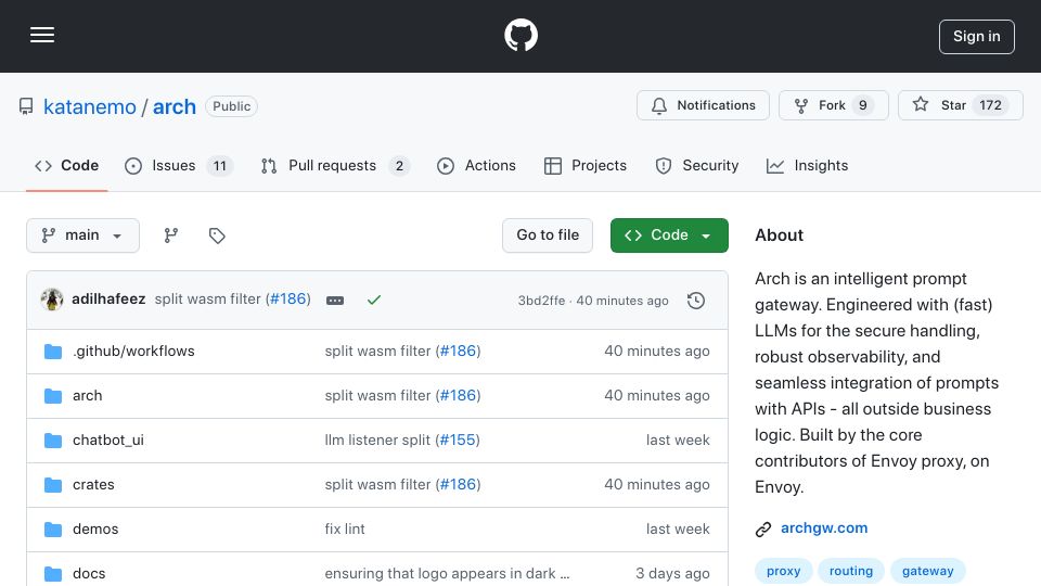 Screenshot of github.com: Show HN: Arch – an intelligent prompt gateway built on Envoy