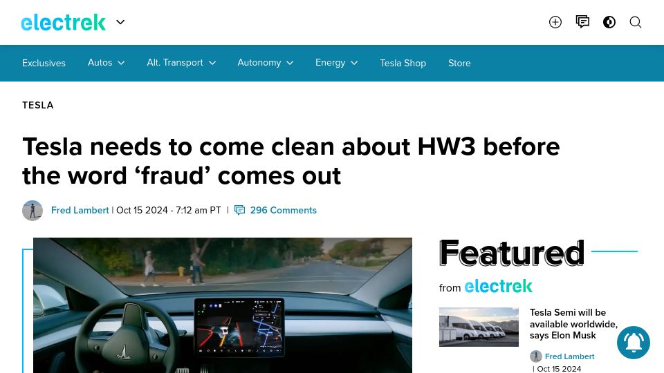 Screenshot of electrek.co: Tesla needs to come clean about HW3 before the word 'fraud' comes out