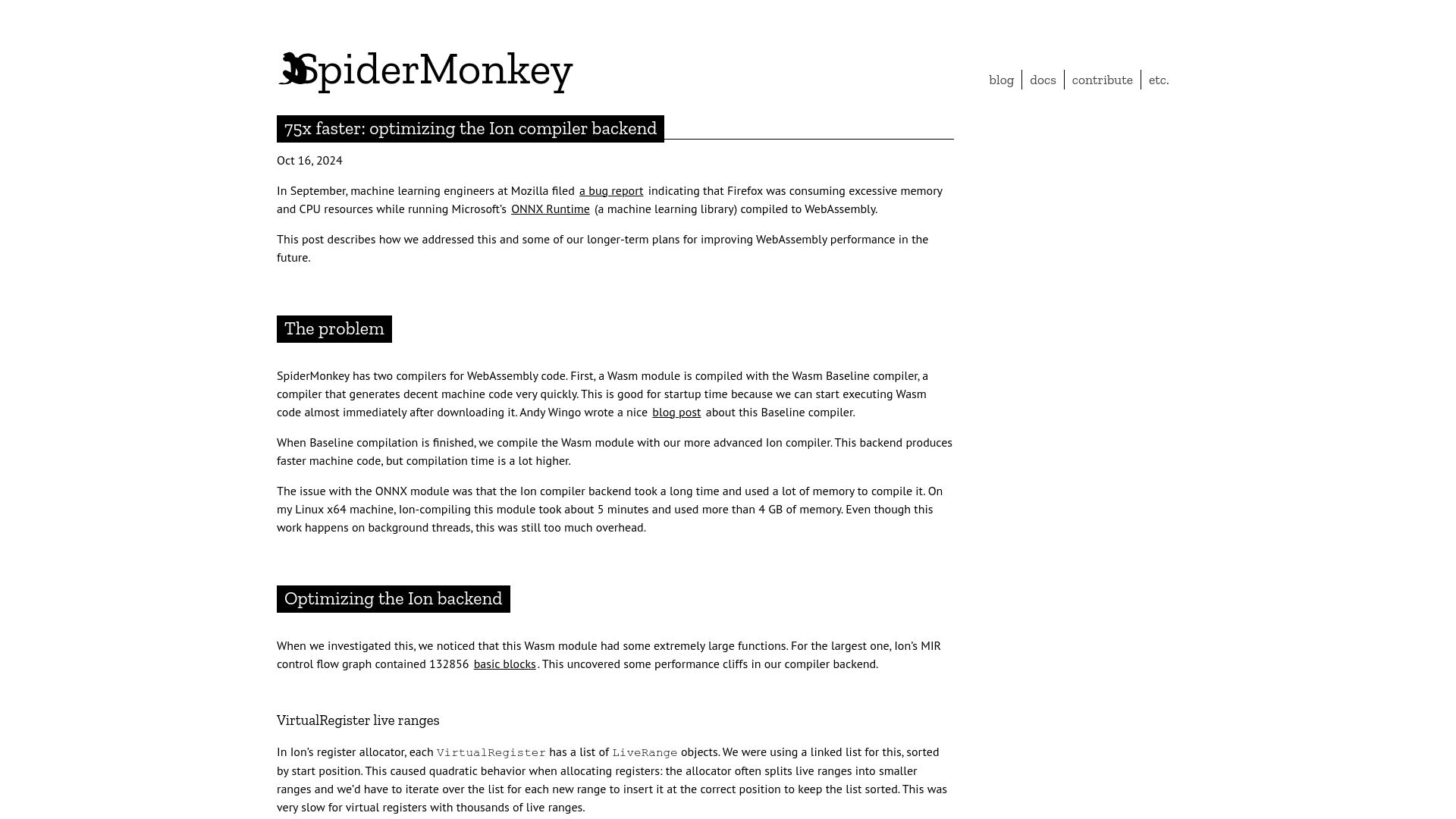 Screenshot of spidermonkey.dev: Optimizing the Ion compiler back end