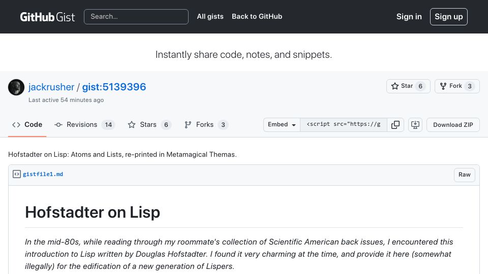 Screenshot of gist.github.com: Hofstadter on Lisp (1983)