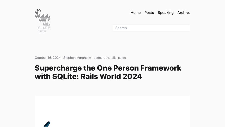 Screenshot of fractaledmind.github.io: Supercharge the One Person Framework with SQLite