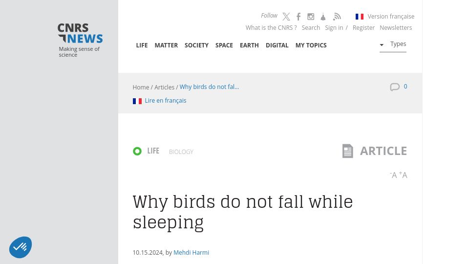 Screenshot of news.cnrs.fr: Why birds do not fall while sleeping
