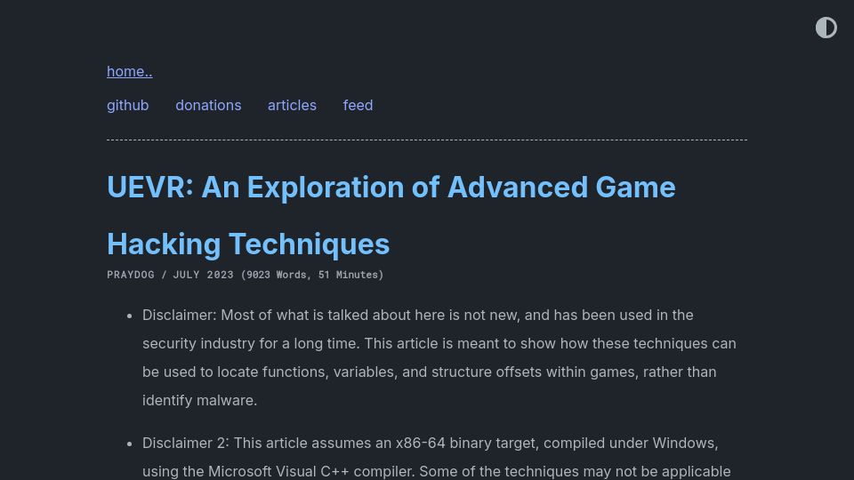 Screenshot of praydog.com: UEVR: An Exploration of Advanced Game Hacking Techniques (2023)